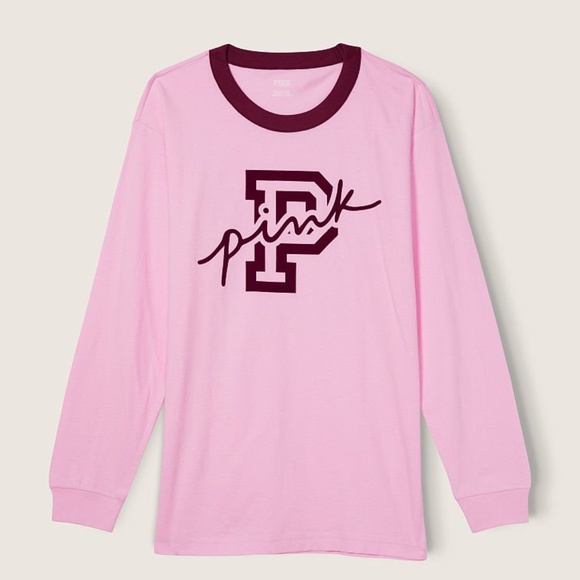 Victoria's Secret PINK Cotton Long Sleeve Campus Ringer Tee Pink Logo Large NEW - Picture 2 of 4
